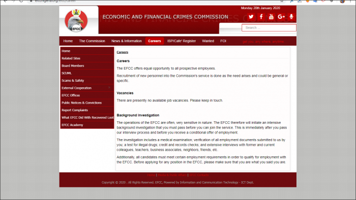EFCC Recruitment 2020 Form  Efccnigeria.org/efcc/career registration guide